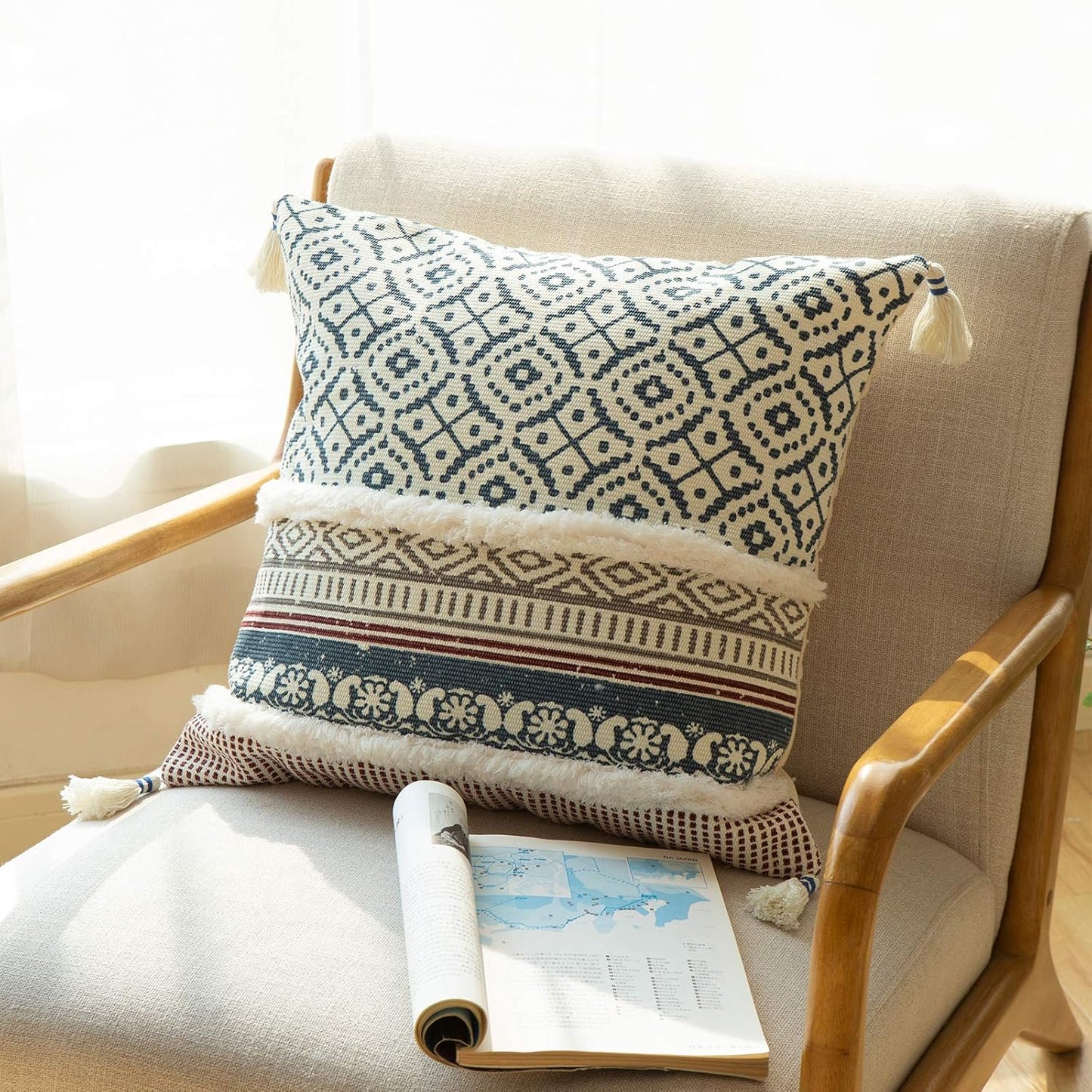 Boho Tufted Decorative Throw Pillow Cover 18X18, Modern Moroccan Style with Tassels, Accent Decor Pillowcase for Couch, Sofa, Bedroom, Car, or Hotel, Blue