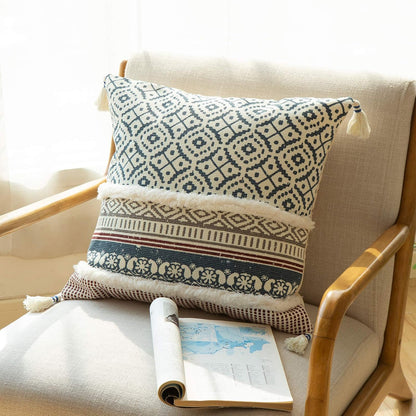 Boho Tufted Decorative Throw Pillow Cover 18X18, Modern Moroccan Style with Tassels, Accent Decor Pillowcase for Couch, Sofa, Bedroom, Car, or Hotel, Blue