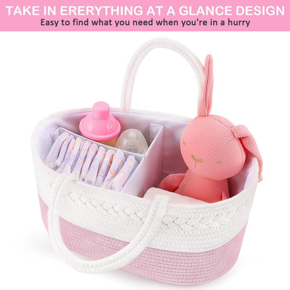 Diaper Caddy Organizer - Cotton Rope Nursery Storage Basket for Baby Essentials, Boys & Girls Shower Gift, Changing Table Organizer, Pink