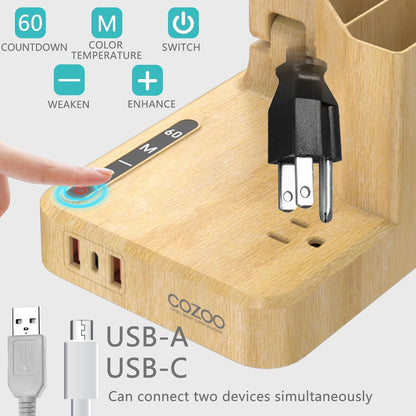 Wood LED Desk Lamp with 3 USB Charging Ports and 2 AC Outlets,3 Color Temperatures & 3 Brightness Levels, Touch/Memory/Timer Function,10W Eye Protection Foldable Reading Light,Office Table Lamp Wood