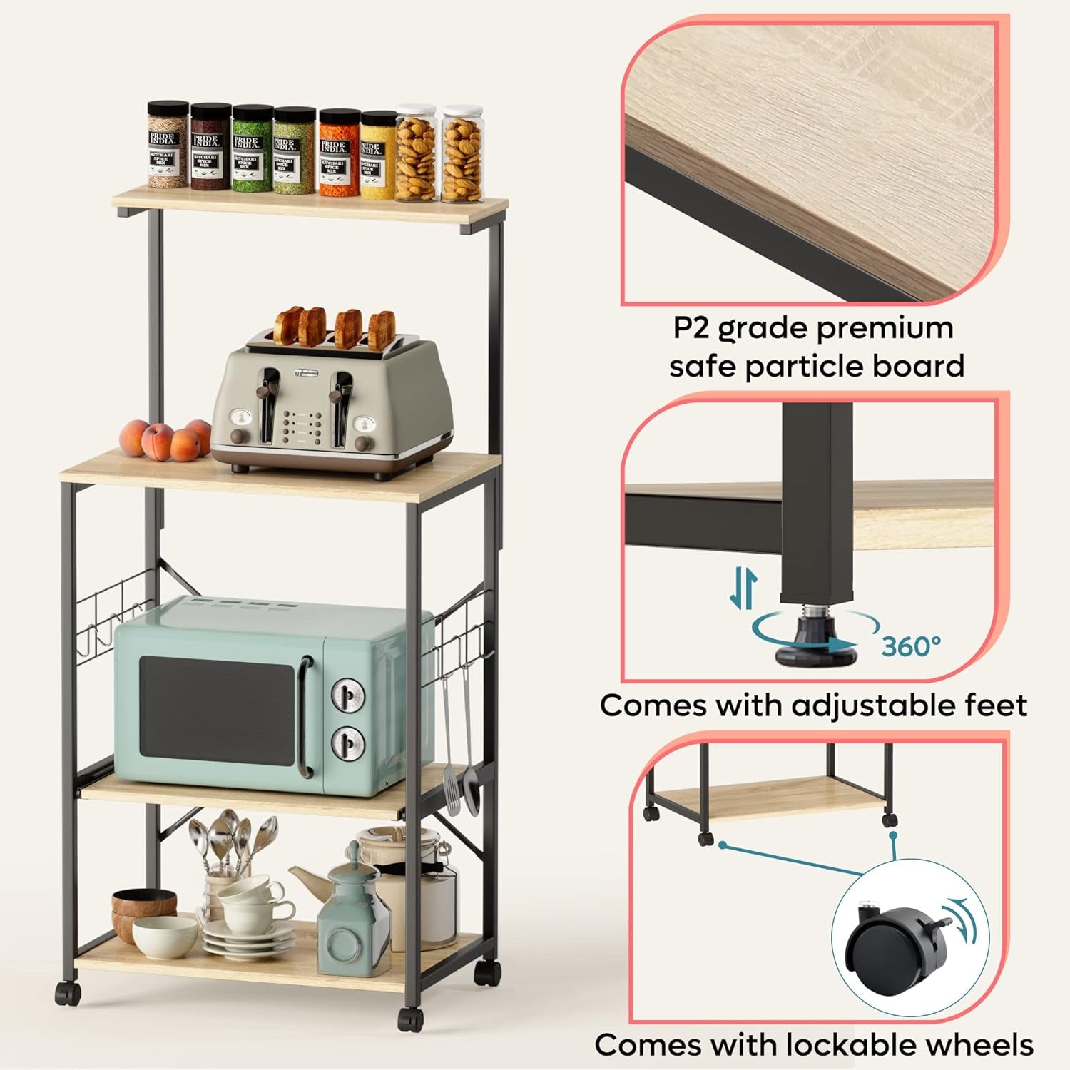 Kitchen Baker'S Rack Utility Storage Shelf Microwave Stand Cart on Wheels with Side Hooks, Kitchen Organizer Rack 4 Tier Shelves Adjustable Feet P2 Wood Oak