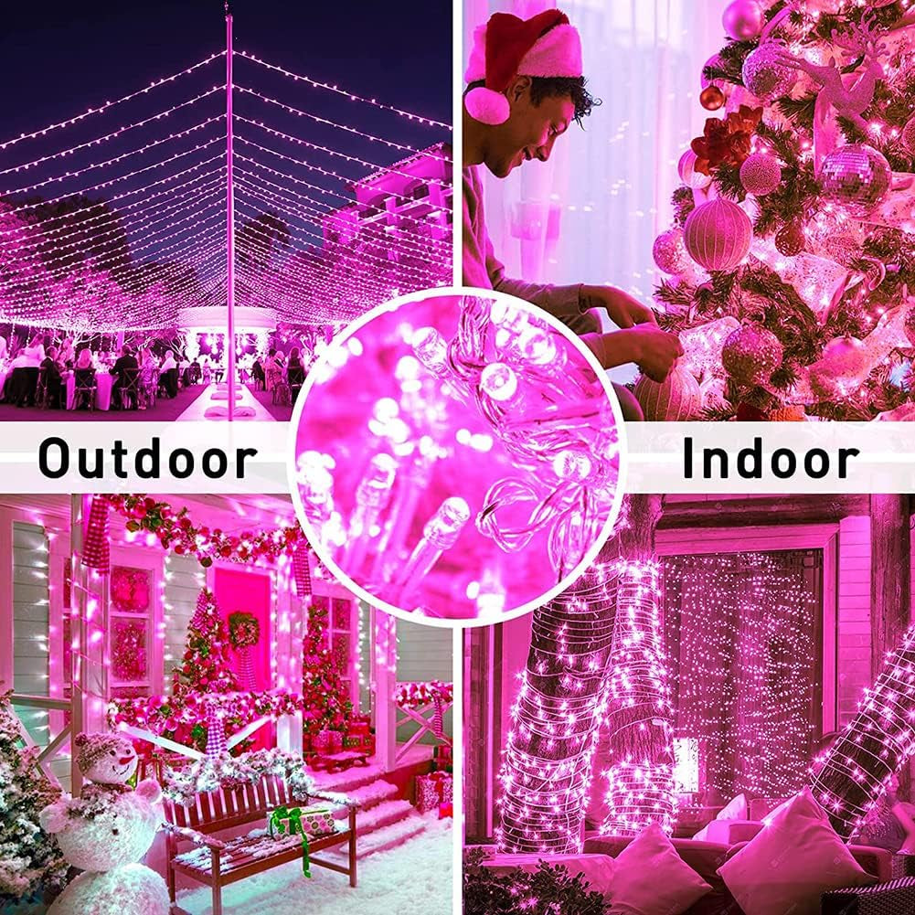 Fairy Lights Outdoor String Lights 33Ft 100 LED with Memory Modes Controller, Extendable Christmas Lights Decorations for Wedding, Christmas, Party, Patio, Indoor Outdoor (Pink)