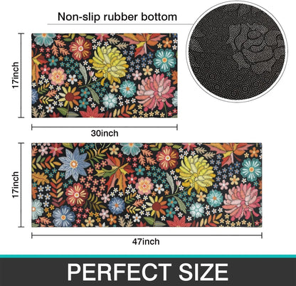 Boho Floral Kitchen Rug Mat Set of 2 Spring Colorful Flowers Kitchen Rugs Washable Non Slip Summer Kitchen Floor Mats