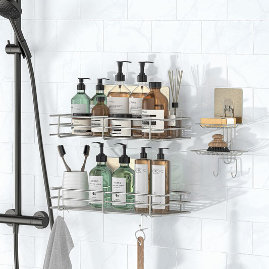 Shower Caddy Basket Shelf with Soap Holder 3 Pack, No Drilling Traceless Adhesive Shower Organizer Storage for Inside, Shower Wall Shelves with Hooks, SUS304 Stainless Steel Bathroom Organizer Shelf