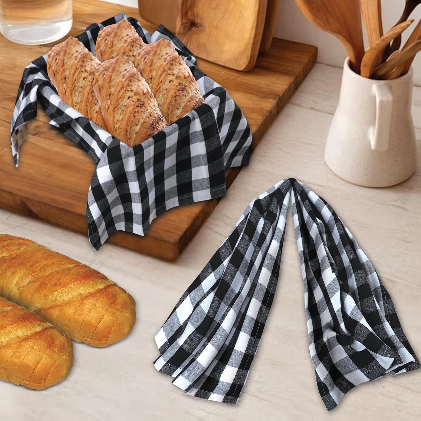 Kitchen Towels 100% Cotton Dish Towels for Kitchen (Set of 6) 20”X30” Dish Cloths Highly Absorbent Kitchen Linen Set with Hanging Loop Perfect for Drying Dishes Cleaning – Black White