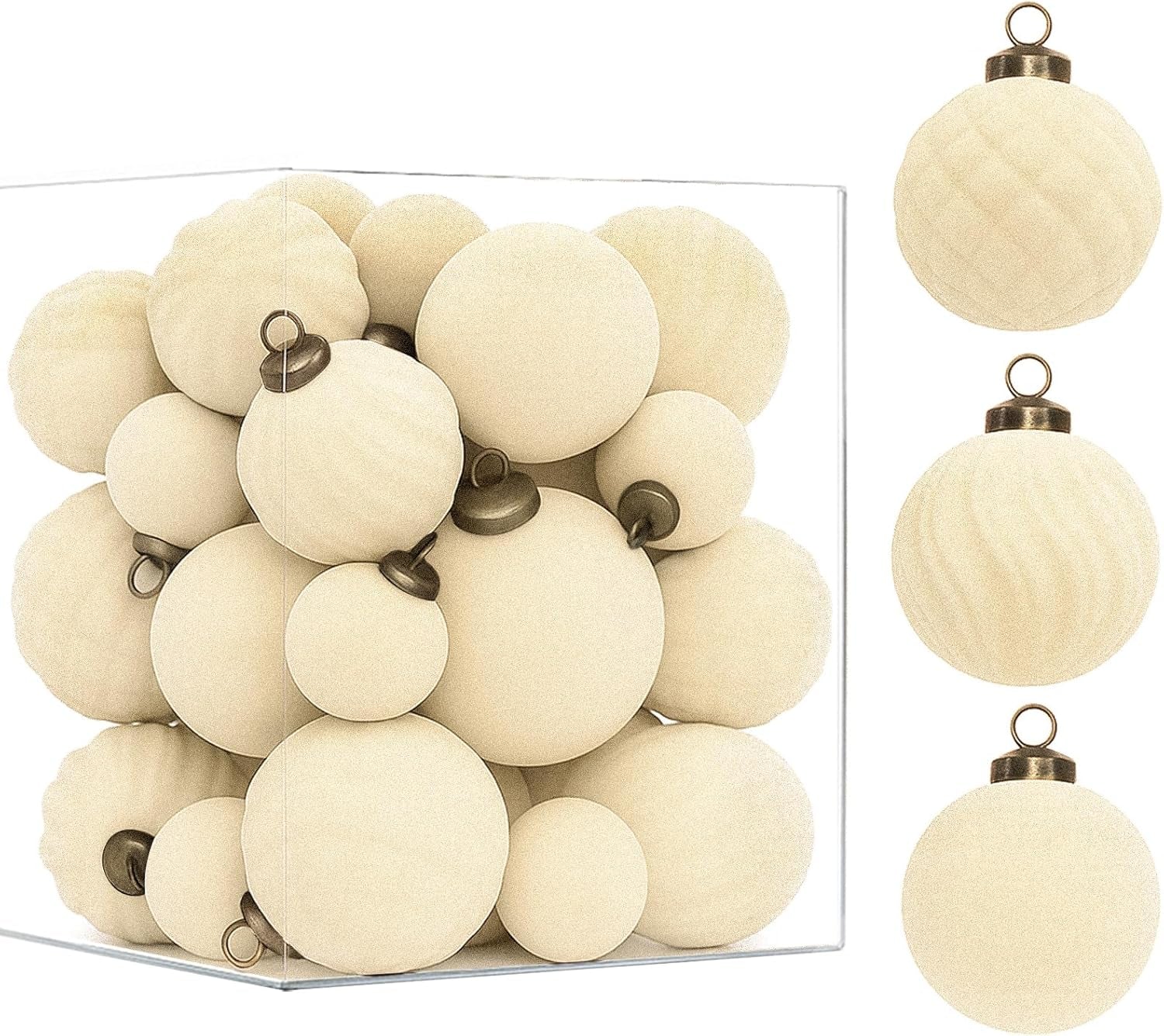 36PCS Velvet Christmas Ornaments Set Mixed Flocked Balls Ornaments Shatterproof Christmas Tree Decorations for Holiday,Party,Home(Beige)