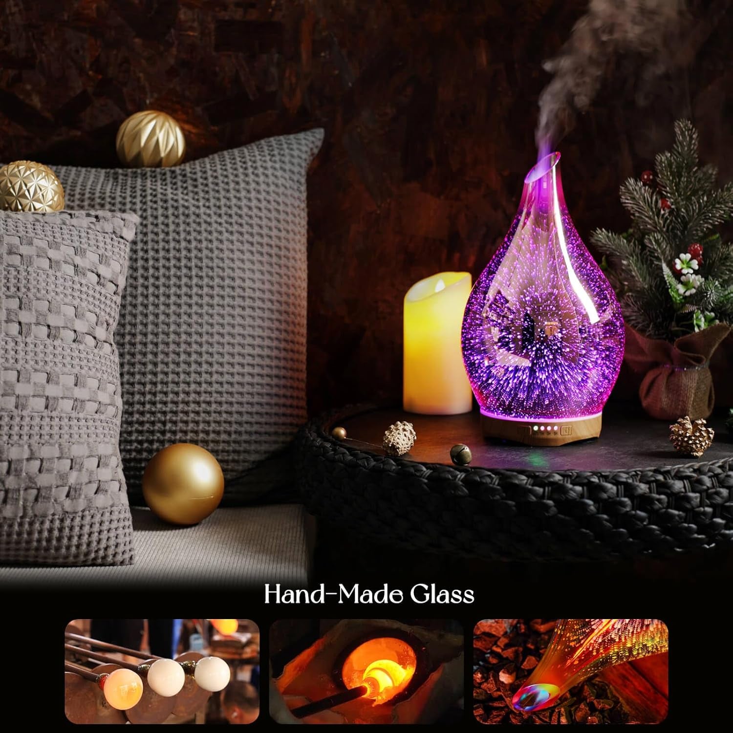 280Ml Essential Oil Diffuser, 3D Glass Aromatherapy Diffusor, Ultrasonic Cool Mist BPA Free Aroma Humidifier with Timer and Color Changing Function, Waterless Shut-Off for Home Office Room