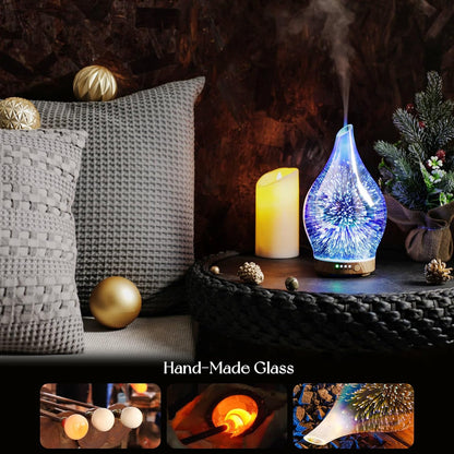 Oil Diffuser 3D Glass Aromatherapy Ultrasonic Humidifier, Air Refresh Auto Shut-Off, Timer Setting, BPA Free for Home Hotel Yoga Leisure SPA Gift 150Ml Last 6H