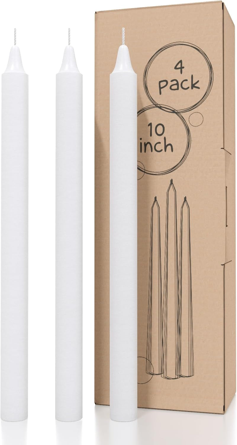 White Taper Candles Pack of 4 - Slow Burning Dripless Unscented Straight Candles 10 Inch - Ideal for Dinner Table - Smokeless Long Candlesticks