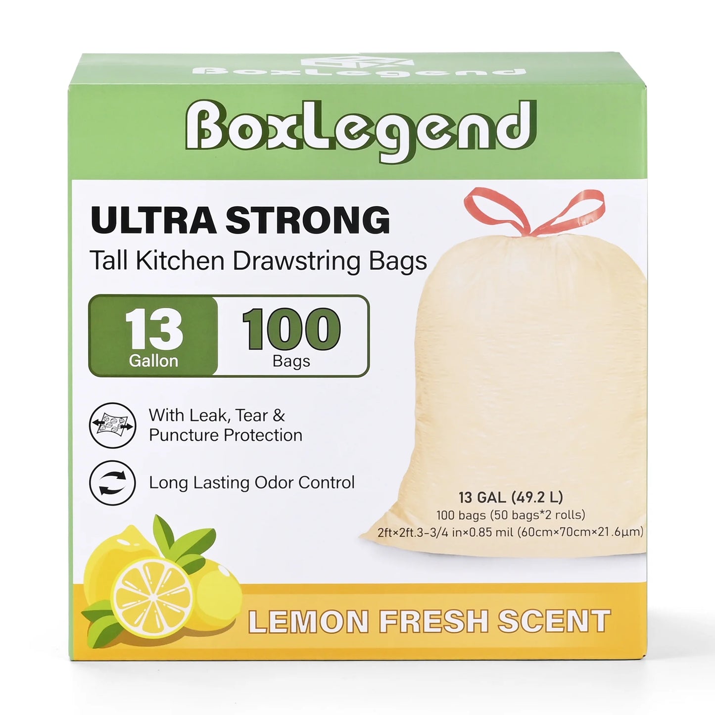 Ultra Strong 13 Gallon Trash Bags, Lemon Scent (100 Count), Tall Kitchen Drawstring Garbage Bags 10-13 Gallon, Light Yellow