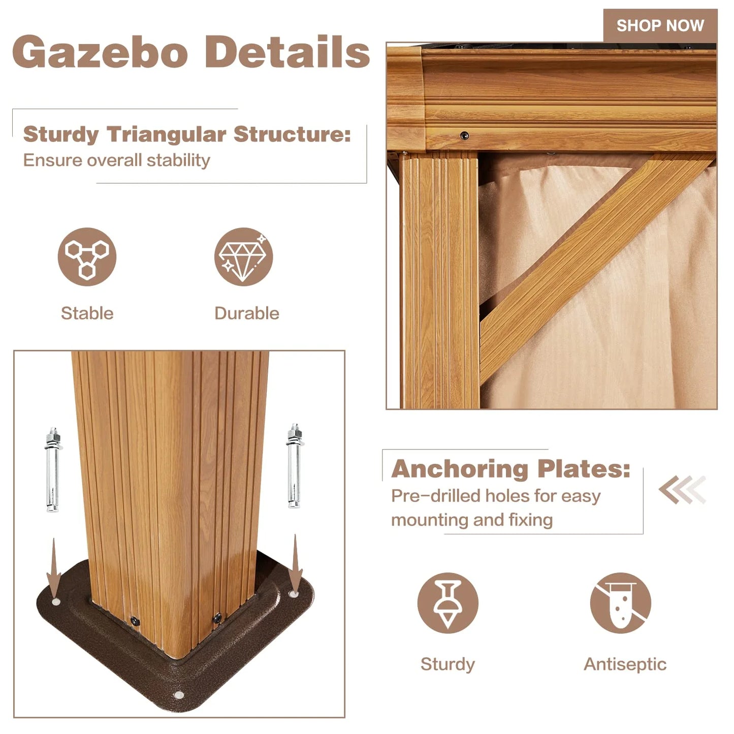 12' X 20' Hardtop Gazebo, Wooden Finish Coated Aluminum Frame Gazebo with Galvanized Steel Double Roof with Curtains and Netting