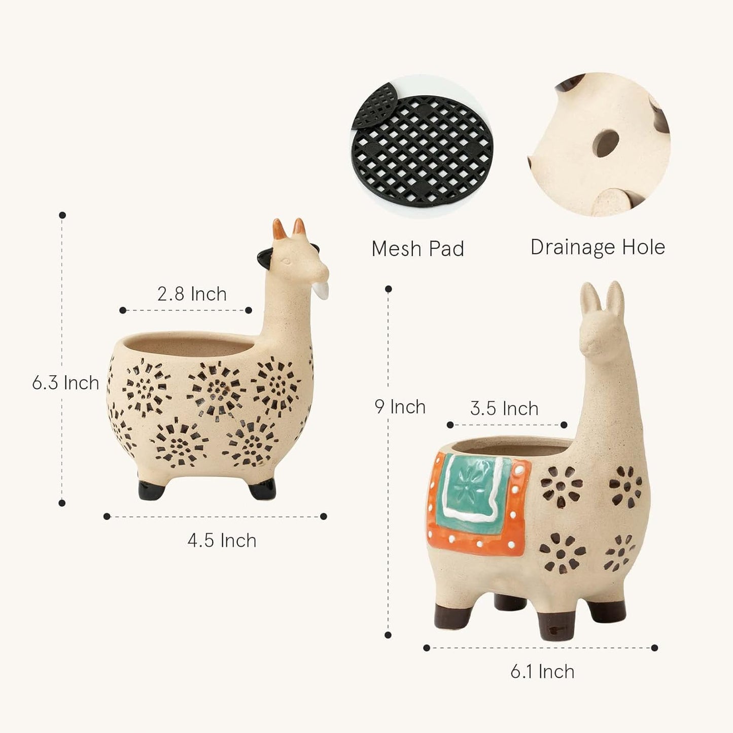 Ceramic Animal Succulent Planter Pots - 6.1 + 4.5 Inch Cute Alpaca/Llama & Goat Rough Pottery Unglazed Desktop Flower Plant Pots Indoor, Home Decor Gifts for Mom, Green
