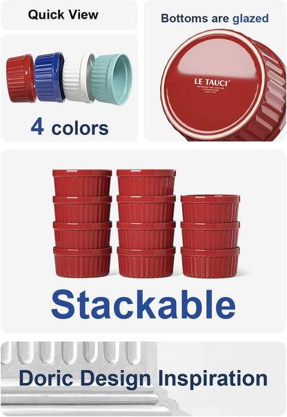Ramekins 4 OZ Oven Safe, Creme Brulee Ramekins, Pudding Custard Cups Souffle Ramiken, Dipping Sauce Dishes, Ceramic Ramekin Bowls Set of 6, True Red