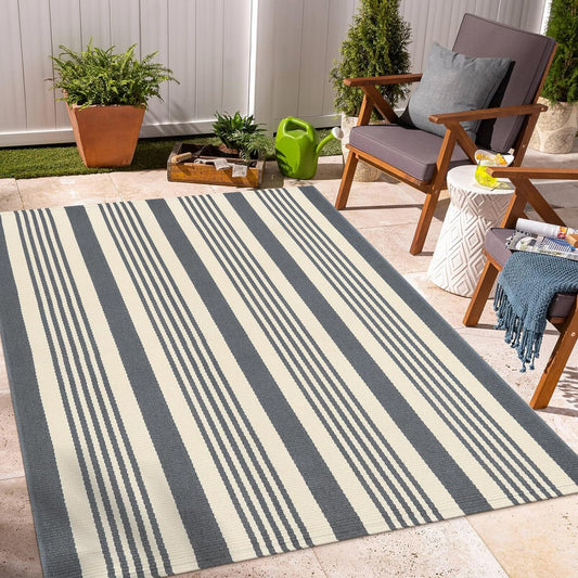 Gray and White Striped Striped Rug 4'X6', Hand-Woven Cotton Outdoor Patio Rug Washable Rug Front Porch Door Mat Entryway Indoor Area Carpet for Kitchen/Bedroom/Living Room