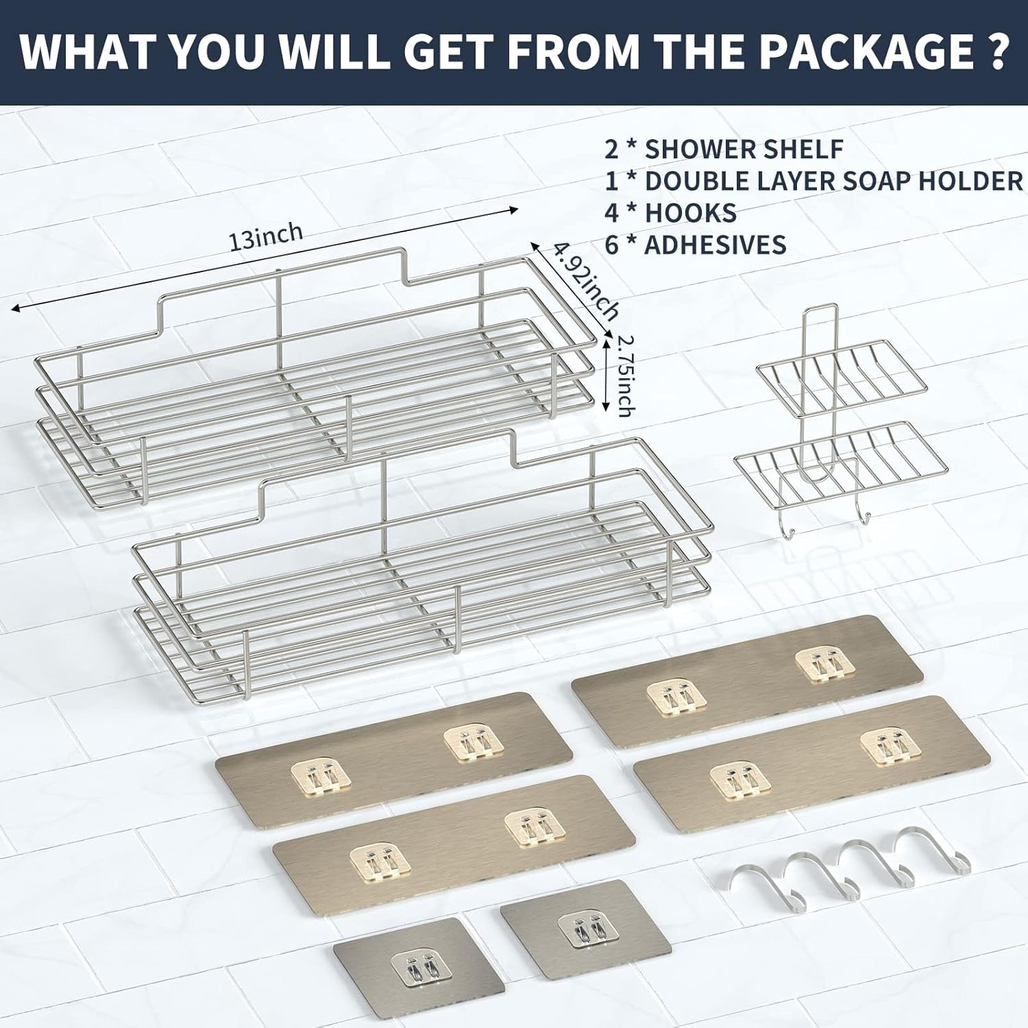 Shower Caddy Basket Shelf with Soap Holder 3 Pack, No Drilling Traceless Adhesive Shower Organizer Storage for Inside, Shower Wall Shelves with Hooks, SUS304 Stainless Steel Bathroom Organizer Shelf