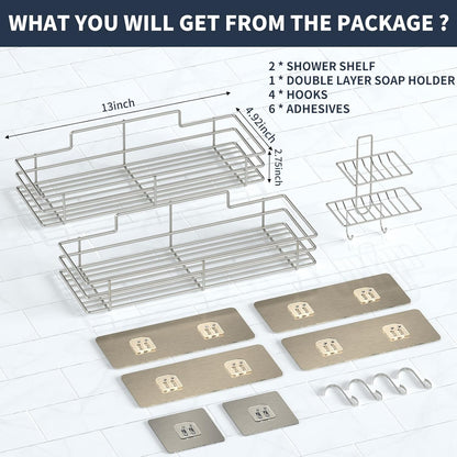 Shower Caddy Basket Shelf with Soap Holder 3 Pack, No Drilling Traceless Adhesive Shower Organizer Storage for Inside, Shower Wall Shelves with Hooks, SUS304 Stainless Steel Bathroom Organizer Shelf