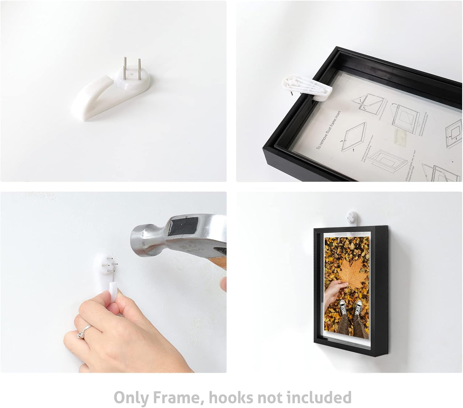 , Floating Picture Frame 8X8 - Black Aluminum Metal Photo Frame - Real Glass of Front - for Wall Mount Displays