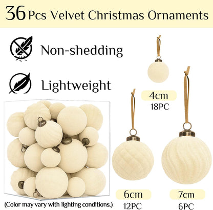 36PCS Velvet Christmas Ornaments Set Mixed Flocked Balls Ornaments Shatterproof Christmas Tree Decorations for Holiday,Party,Home(Beige)