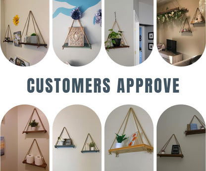 Hanging Shelves for Wall - Set of 2 – Rustic Farmhouse Boho Shelves with String – 17”X5.2” – Thick Distressed, Torched Look Real Wood - Brown Color