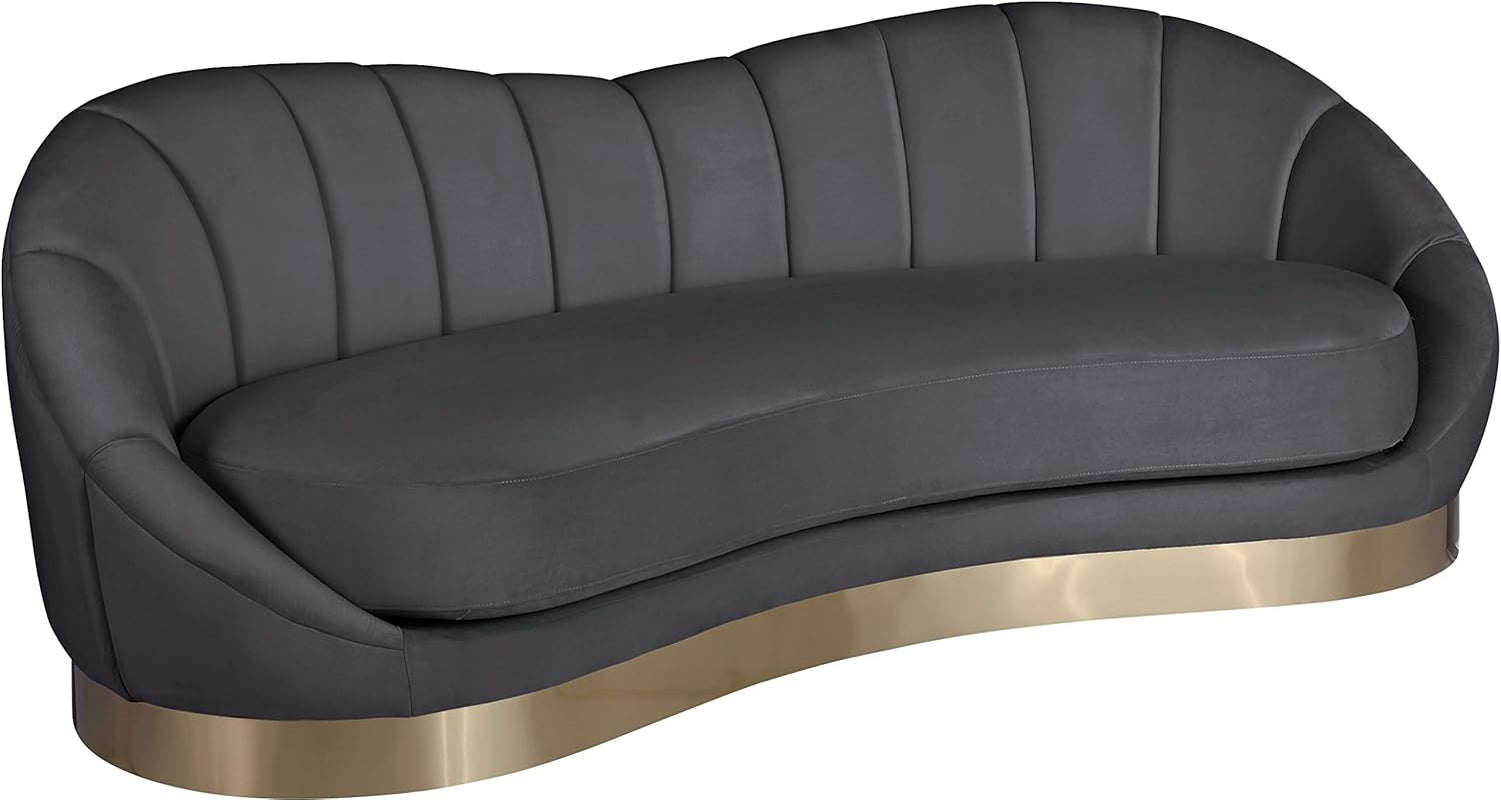 Shelly Collection Modern | Contemporary Velvet Upholstered Shell Shaped Chair with Brushed Gold Stainless Steel Base, 90" W X 40.75" D X 32" H, Grey