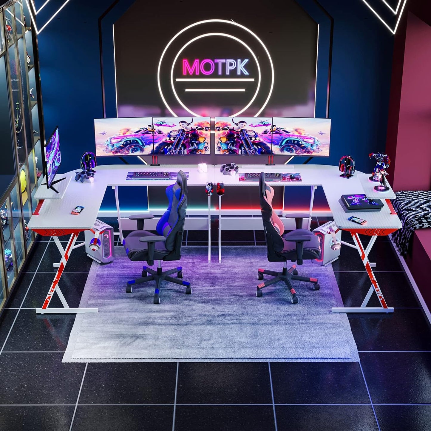 White Gaming Desk L Shaped, Gamer Desk Gaming Table with Carbon Fiber Surface, Corner Computer Desk L Shape with Cup Holder & Headphone Hook, 51 Inch