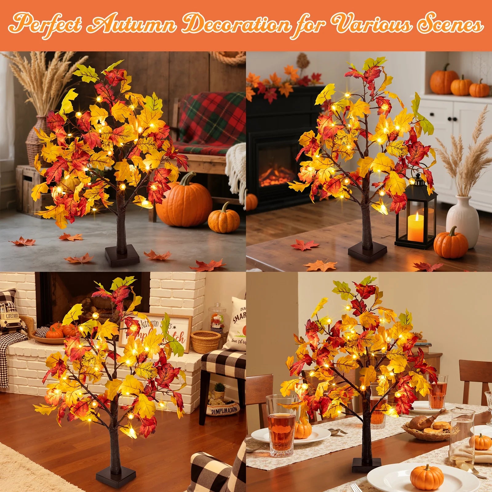Fall Decorations for Home, 25" 24 LED Artificial Fall Maple Leaves Table Tree with Pumpkins Lights Indoor Wedding Party Autumn Thanksgiving Decor