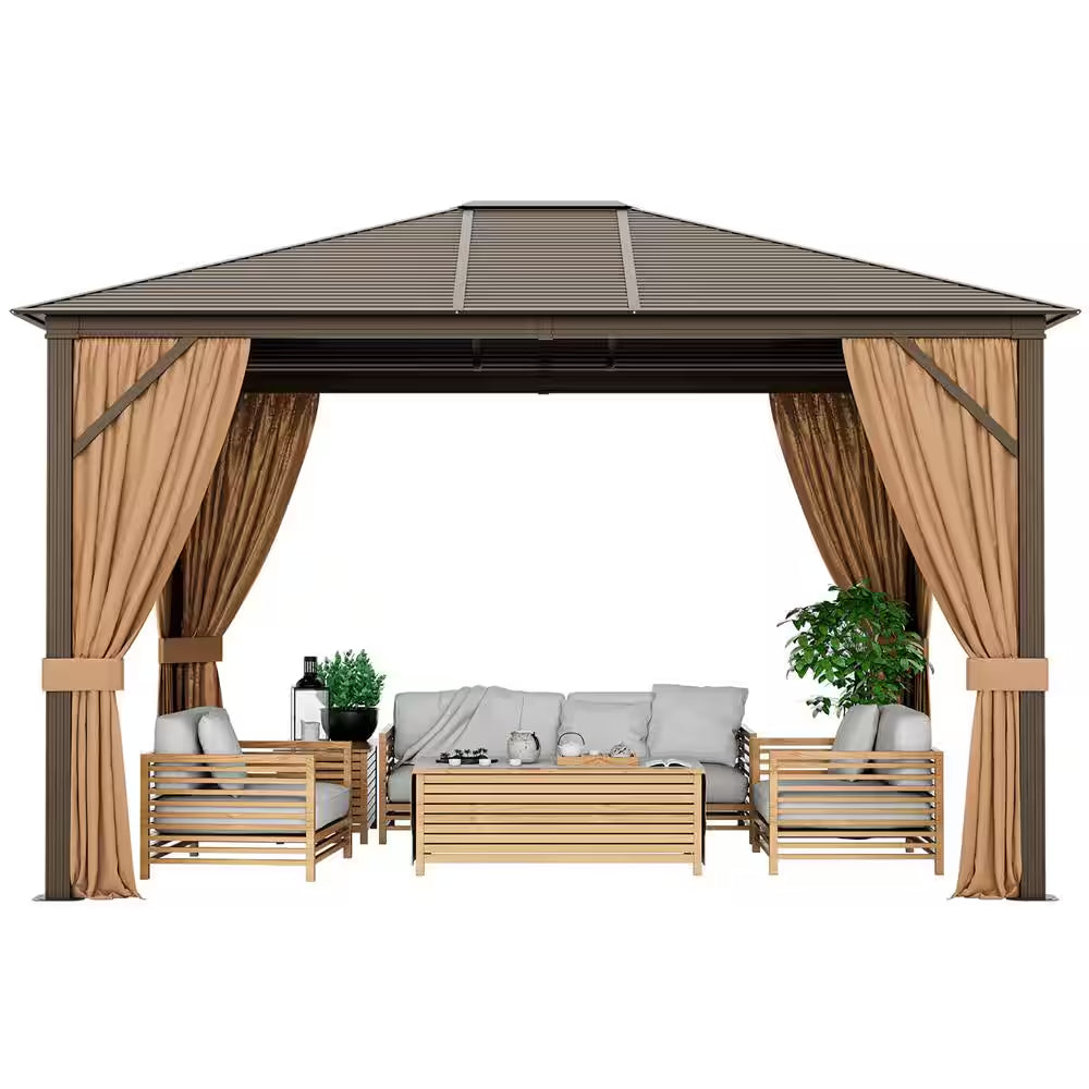 12 Ft. X 10 Ft. Brown Patio Hardtop Gazebo with Galvanized Steel Top Aluminum Frame Outdoor