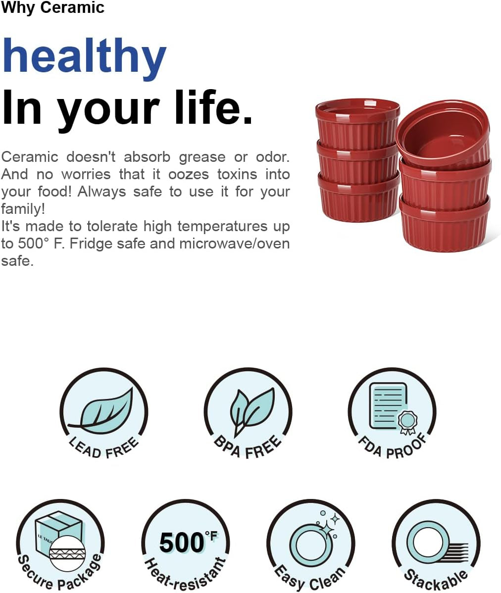 Ramekins 4 OZ Oven Safe, Creme Brulee Ramekins, Pudding Custard Cups Souffle Ramiken, Dipping Sauce Dishes, Ceramic Ramekin Bowls Set of 6, True Red