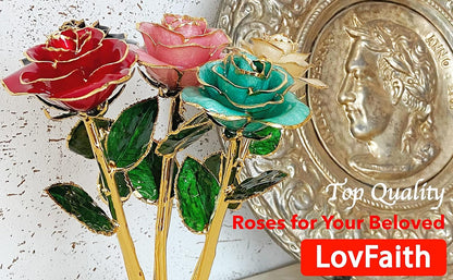 Valentine Gift Real Rose Dipped 24K Gold with Crystal Stand, Best Anniversary Rose Gift for Her Wife Mother Birthday Christmas (C21. Teal Blue -Thick Gold Blooming)