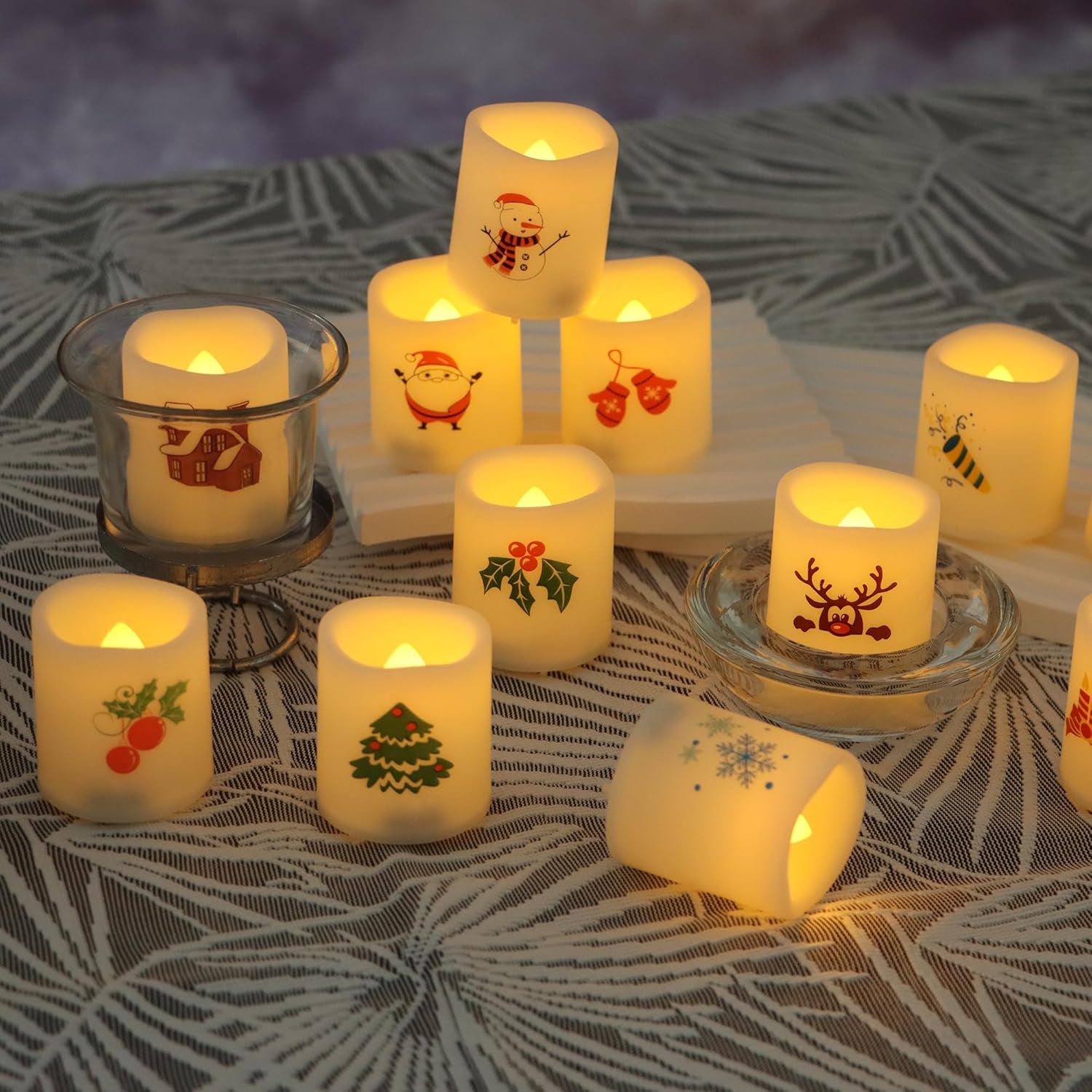 Christmas Battery Operated Flameless Votive Candles Small Realistic Flickering Electric LED Votives with Christmas Theme Decals for Xmas Party Decorations 12 Pack Batteries Included