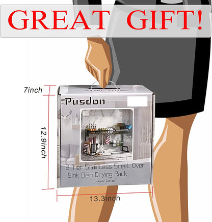 over Sink Dish Drying Rack Stainless Steel, Adjustable Large Dish Drainer for Storage Kitchen Organization Black 2 Tier - Standard(26"-38")