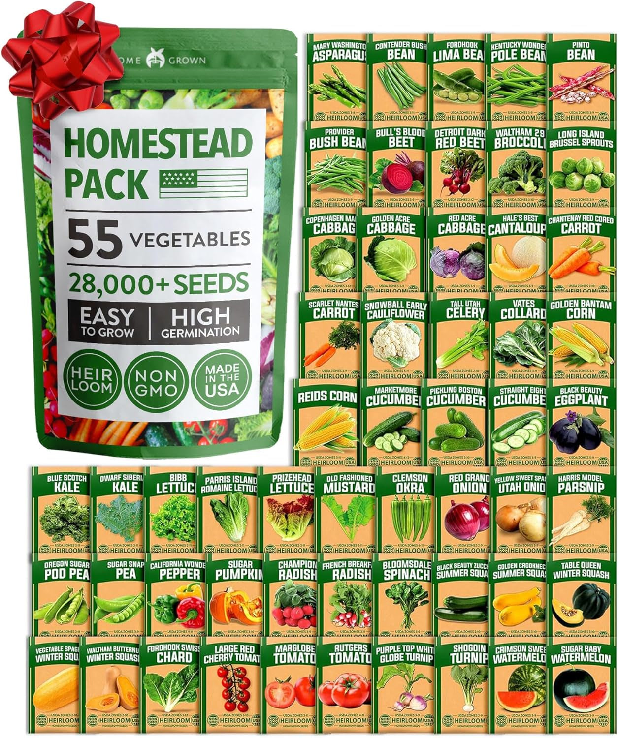 55 Vegetable Seeds Pack 28,000+ Non-Gmo Heirloom Seeds for Planting Vegetables, Survival Seed Vault, Garden Kit for Spring Fall Winter, Gift for Gardeners