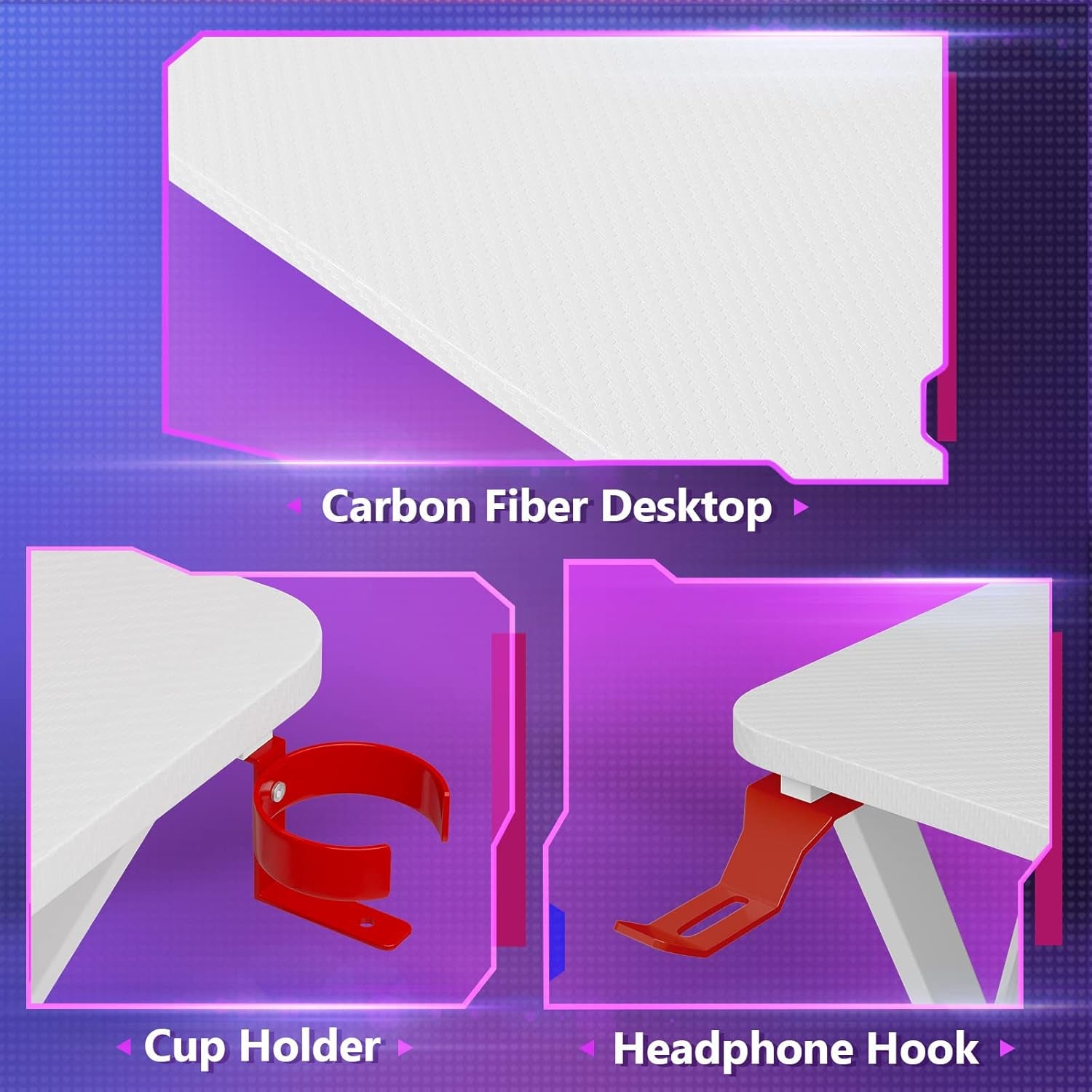 White Gaming Desk L Shaped, Gamer Desk Gaming Table with Carbon Fiber Surface, Corner Computer Desk L Shape with Cup Holder & Headphone Hook, 51 Inch