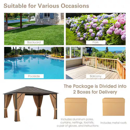 12 Ft. X 10 Ft. Brown Patio Hardtop Gazebo with Galvanized Steel Top Aluminum Frame Outdoor