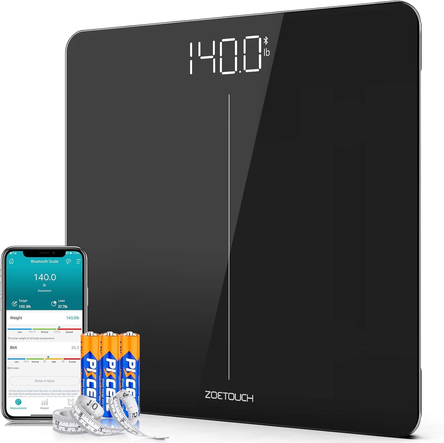 ZOETOUCH Bluetooth BMI Weighing Scale, Body Weight Scale, Smart Digital Bathroom Scales, 400 Lbs, Body Tape Measure and Batteries Included