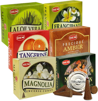 Hem Incense Cones Variety Pack #3 and Cone Incense Burner Bundle with 6 Most Desired Fragrances