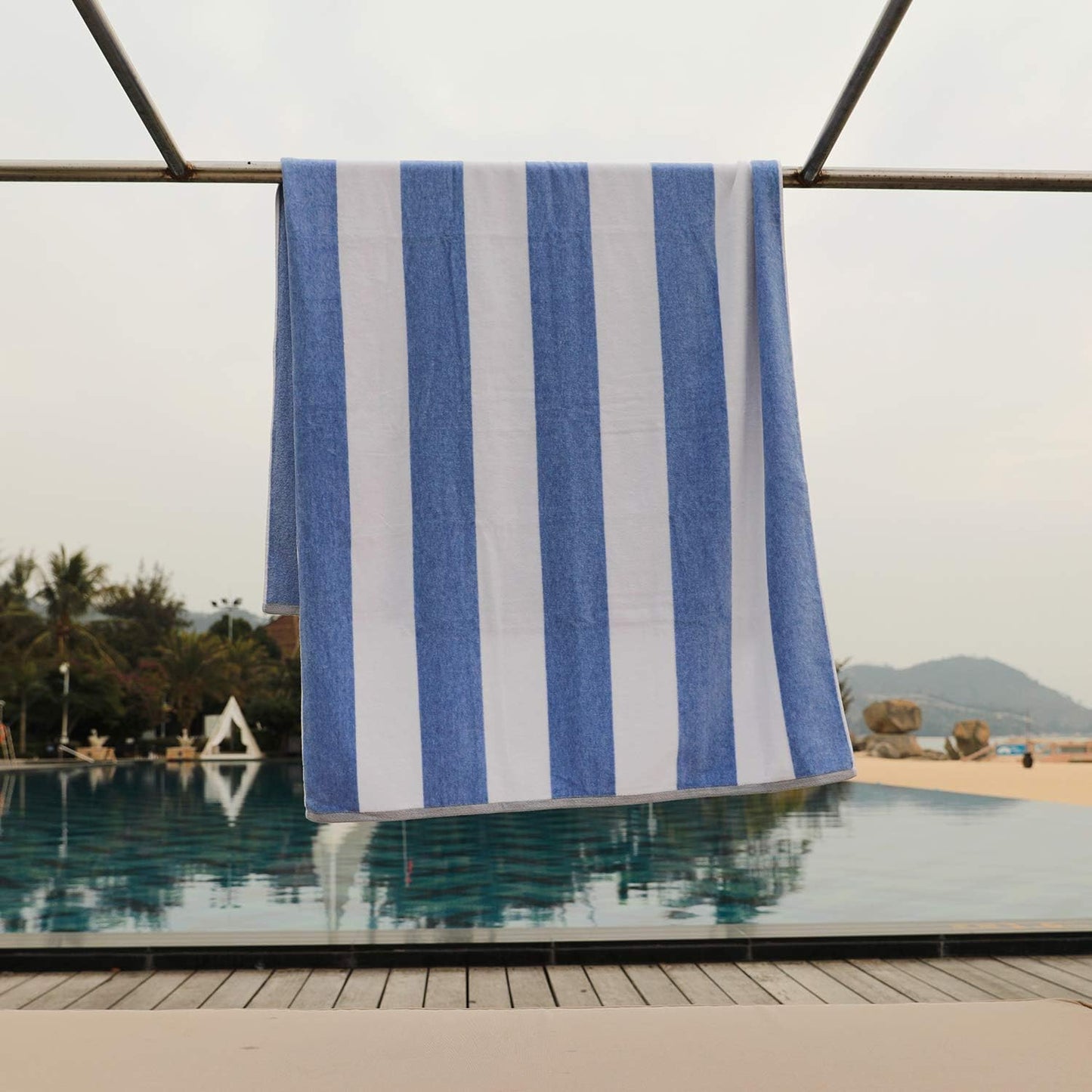 Cotton Oversized Beach Towel - Large 70 X 35 Inch Pool Towel, Blue Striped Quick Dry Swimming Cabana Towel
