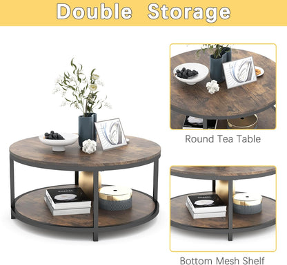 36 Inches round Coffee Table, Rustic Wooden Surface Top & Sturdy Metal Legs Industrial Sofa Table for Living Room Modern Design Home Furniture with Storage Open Shelf (Brown)