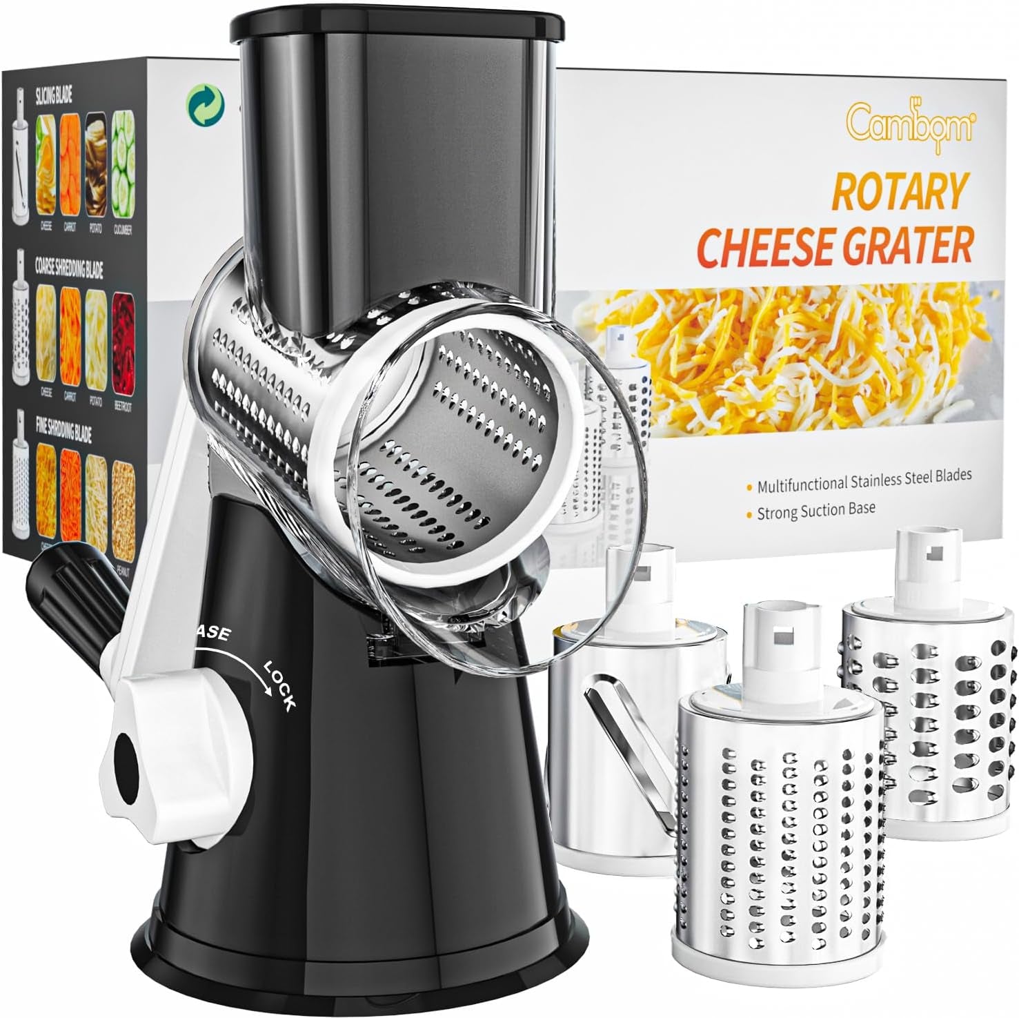 Rotary Cheese Grater Hand Crank Cheese Shredder for Fresh Cheese, Vegetable, Nuts,Non-Slip Suction Base, Free Cleaning Brush Three Blades, Black