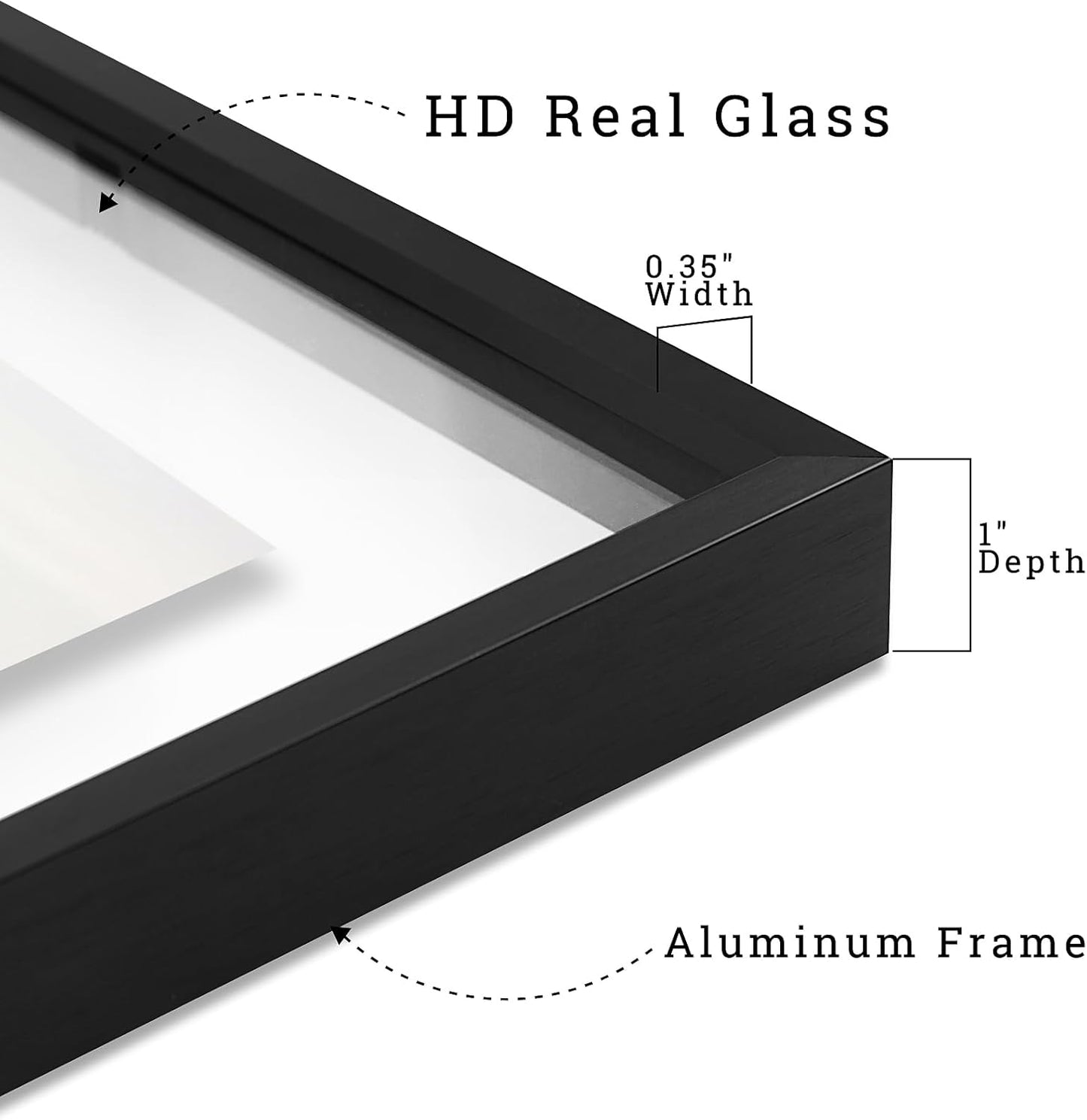 , Floating Picture Frame 8X8 - Black Aluminum Metal Photo Frame - Real Glass of Front - for Wall Mount Displays