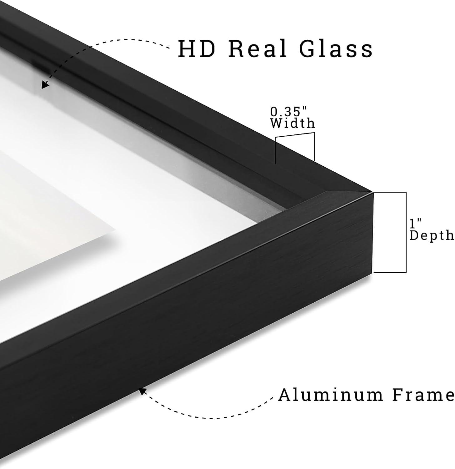 , Floating Picture Frame 8X8 - Black Aluminum Metal Photo Frame - Real Glass of Front - for Wall Mount Displays