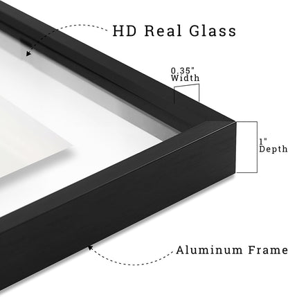 , Floating Picture Frame 8X8 - Black Aluminum Metal Photo Frame - Real Glass of Front - for Wall Mount Displays