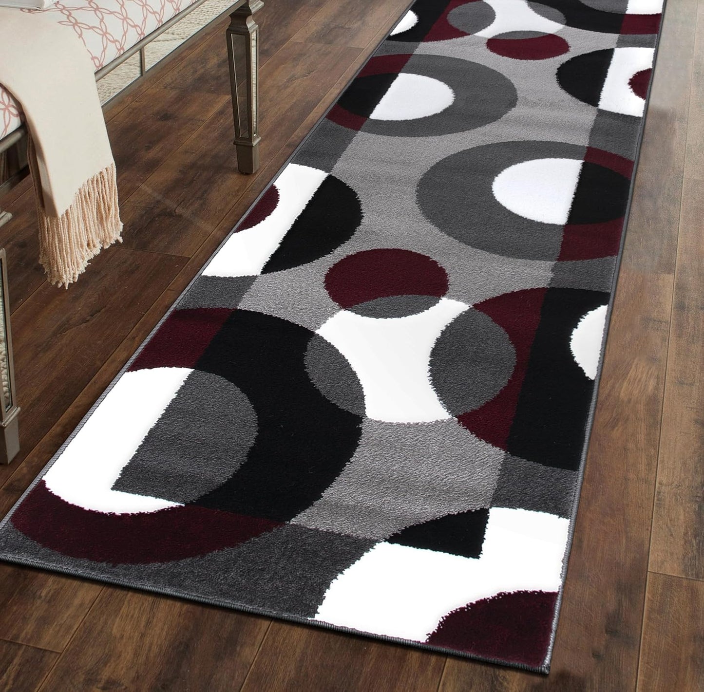 Modern Circles Carpet Easy Maintenance for Home Office,Living Room,Bedroom,Kitchen Soft Runner Rug 2' X 7'2" Burgundy