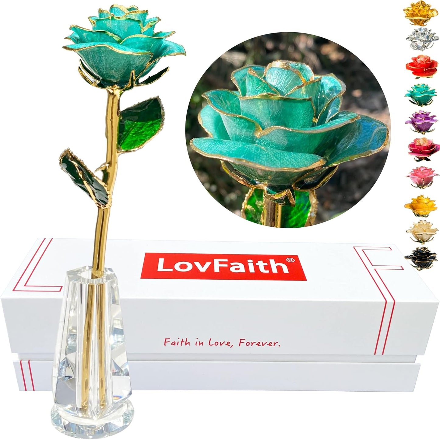 Valentine Gift Real Rose Dipped 24K Gold with Crystal Stand, Best Anniversary Rose Gift for Her Wife Mother Birthday Christmas (C21. Teal Blue -Thick Gold Blooming)