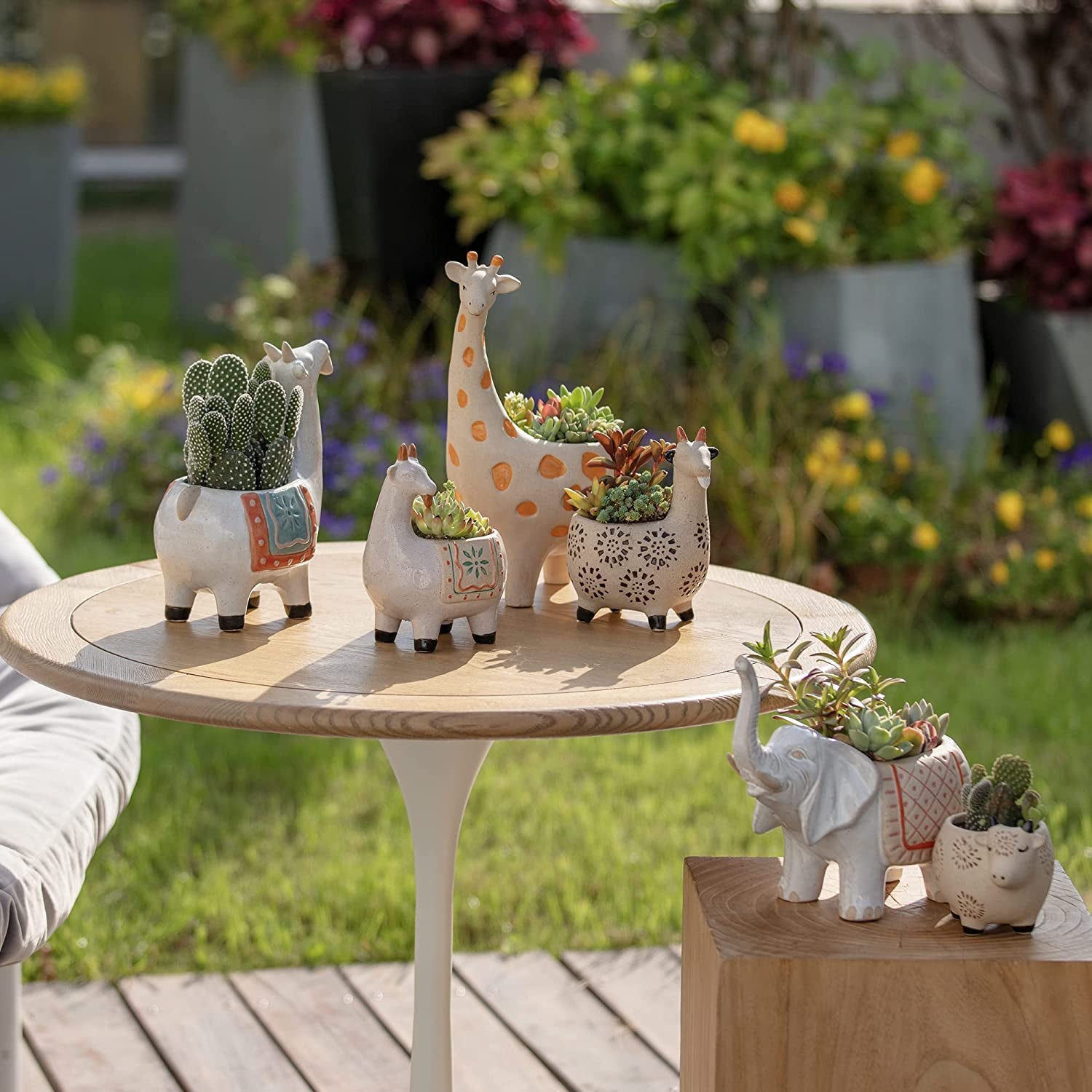 Ceramic Animal Succulent Planter Pots - 6.1 + 4.5 Inch Cute Alpaca/Llama & Goat Rough Pottery Unglazed Desktop Flower Plant Pots Indoor, Home Decor Gifts for Mom, Green