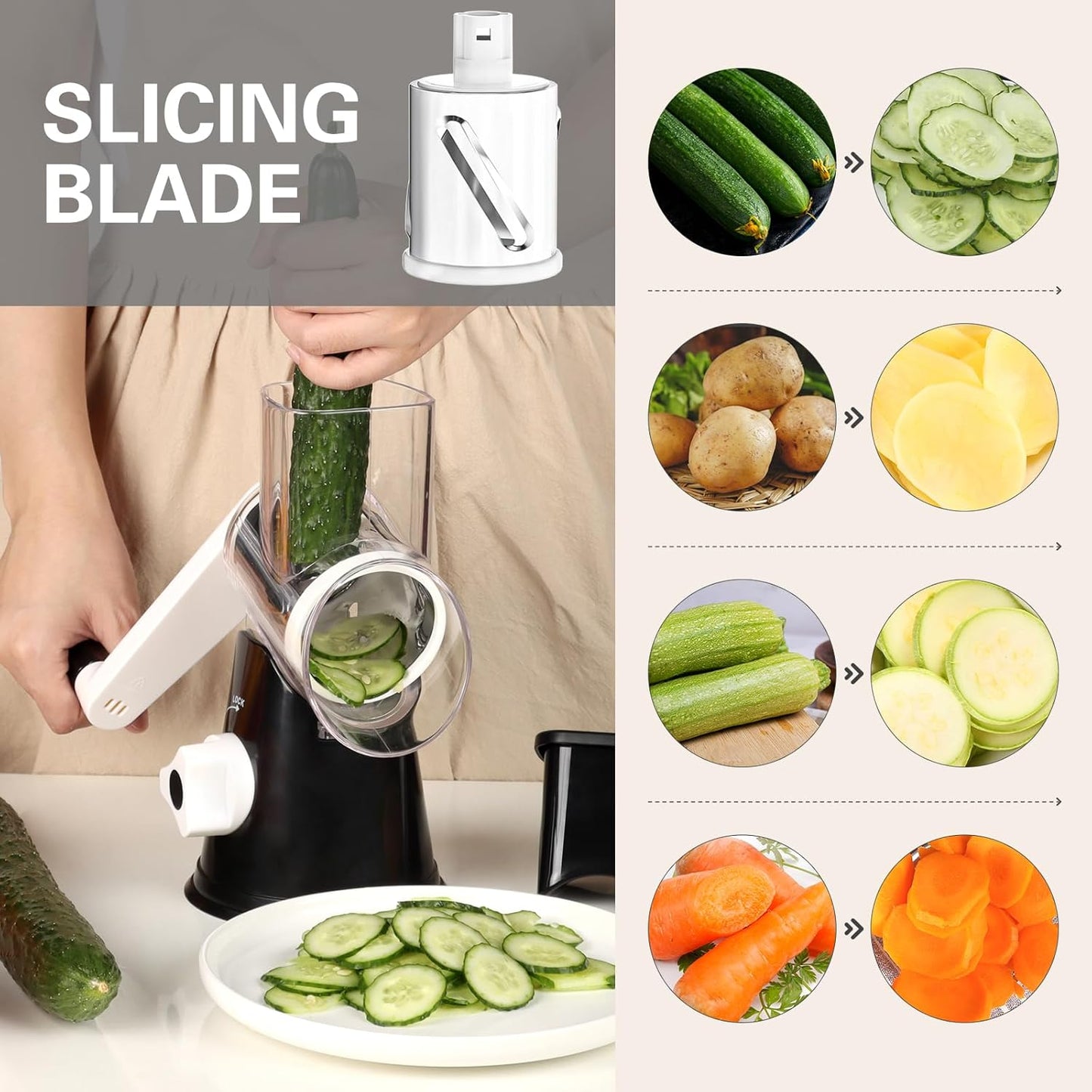 Rotary Cheese Grater Hand Crank Cheese Shredder for Fresh Cheese, Vegetable, Nuts,Non-Slip Suction Base, Free Cleaning Brush Three Blades, Black