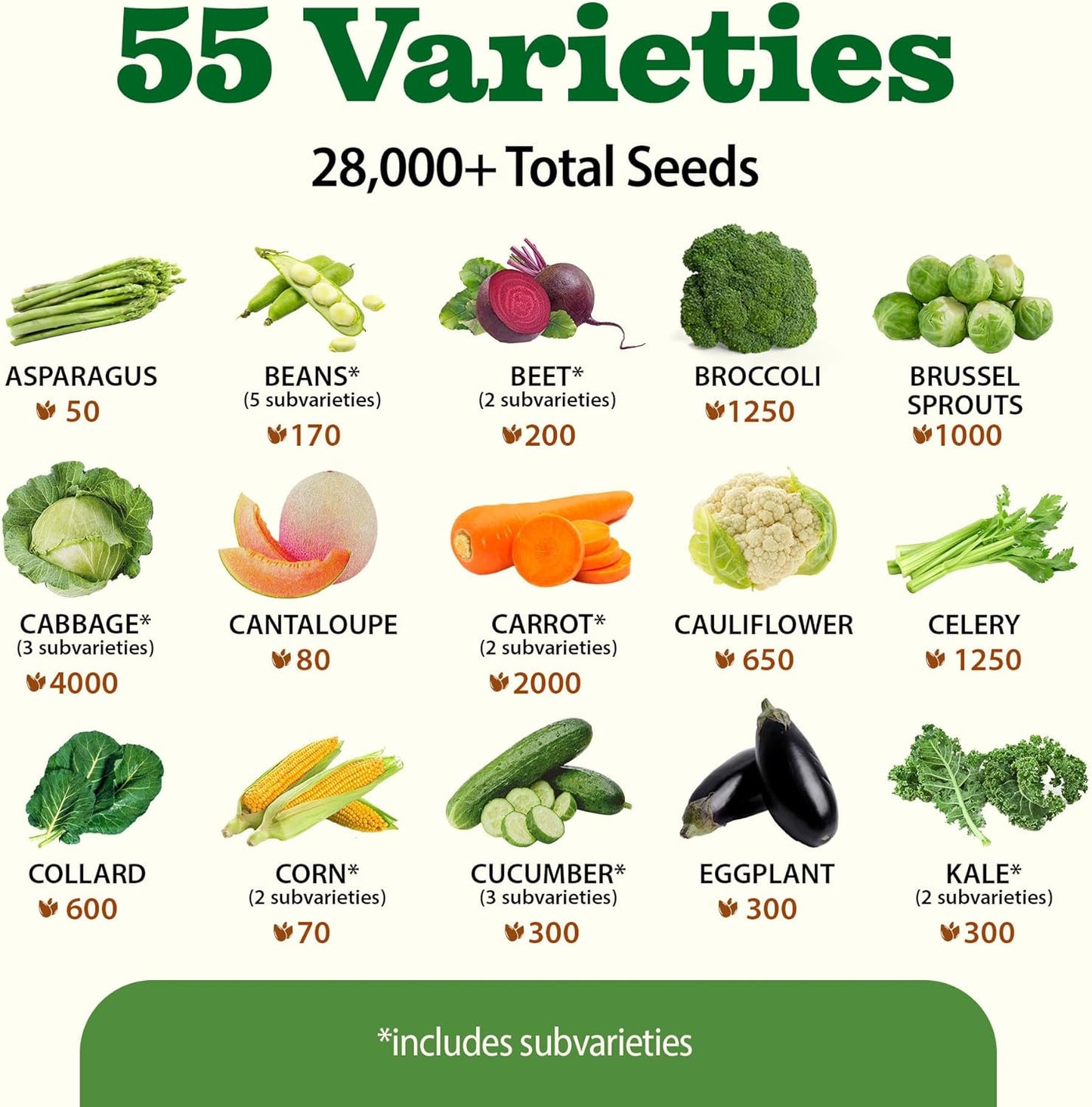 55 Vegetable Seeds Pack 28,000+ Non-Gmo Heirloom Seeds for Planting Vegetables, Survival Seed Vault, Garden Kit for Spring Fall Winter, Gift for Gardeners