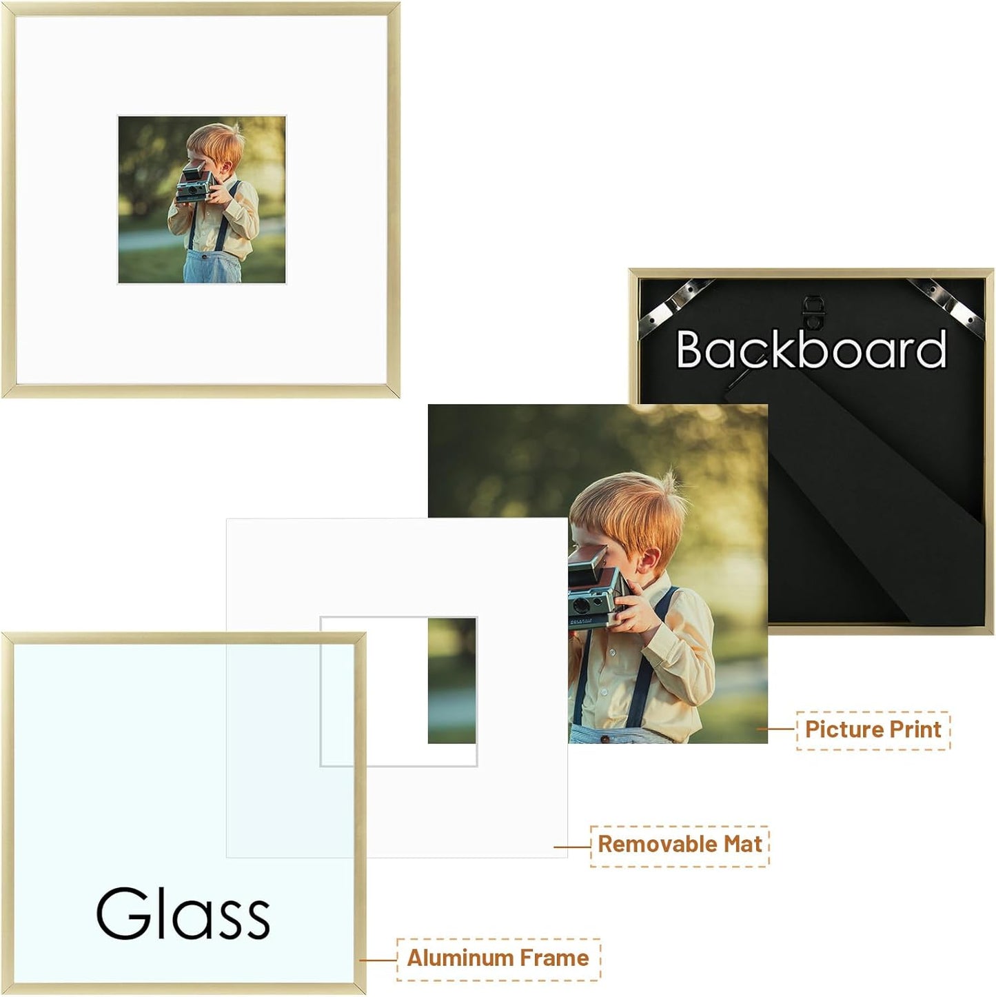 , 8X8 Gold Aluminum Picture Frame - Set of 1 - Ideal for Displaying 4X4 Photos with Mat or 8X8 without Mat - Real Glass Front - Simple Gallery Wall Frames for Art Prints and Posters