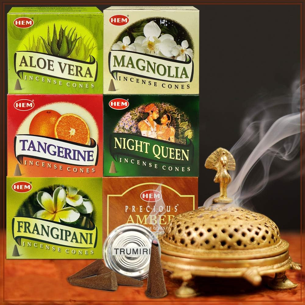 Hem Incense Cones Variety Pack #3 and Cone Incense Burner Bundle with 6 Most Desired Fragrances