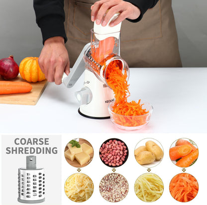 Rotary Cheese Grater Hand Crank Cheese Shredder for Fresh Cheese, Vegetable, Nuts,Non-Slip Suction Base, Free Cleaning Brush Three Blades, White
